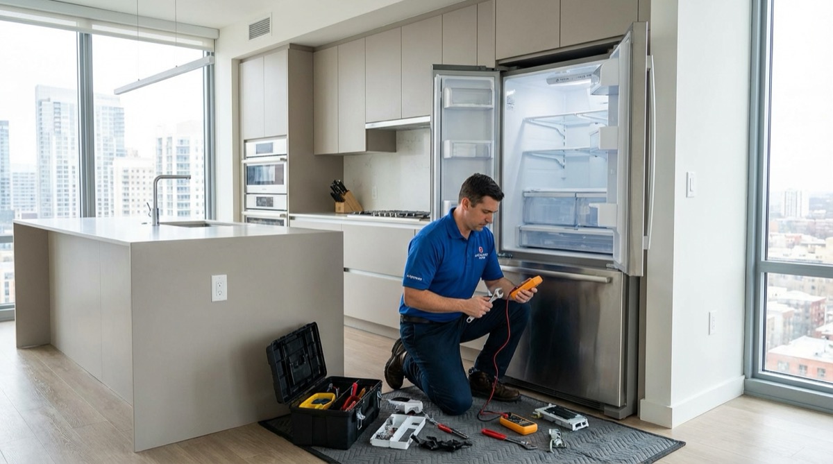 Appliance repair technician diagnosing a residential refrigerator