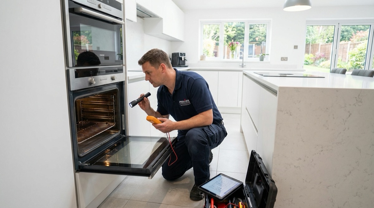 Technician servicing a dishwasher in a modern kitchen