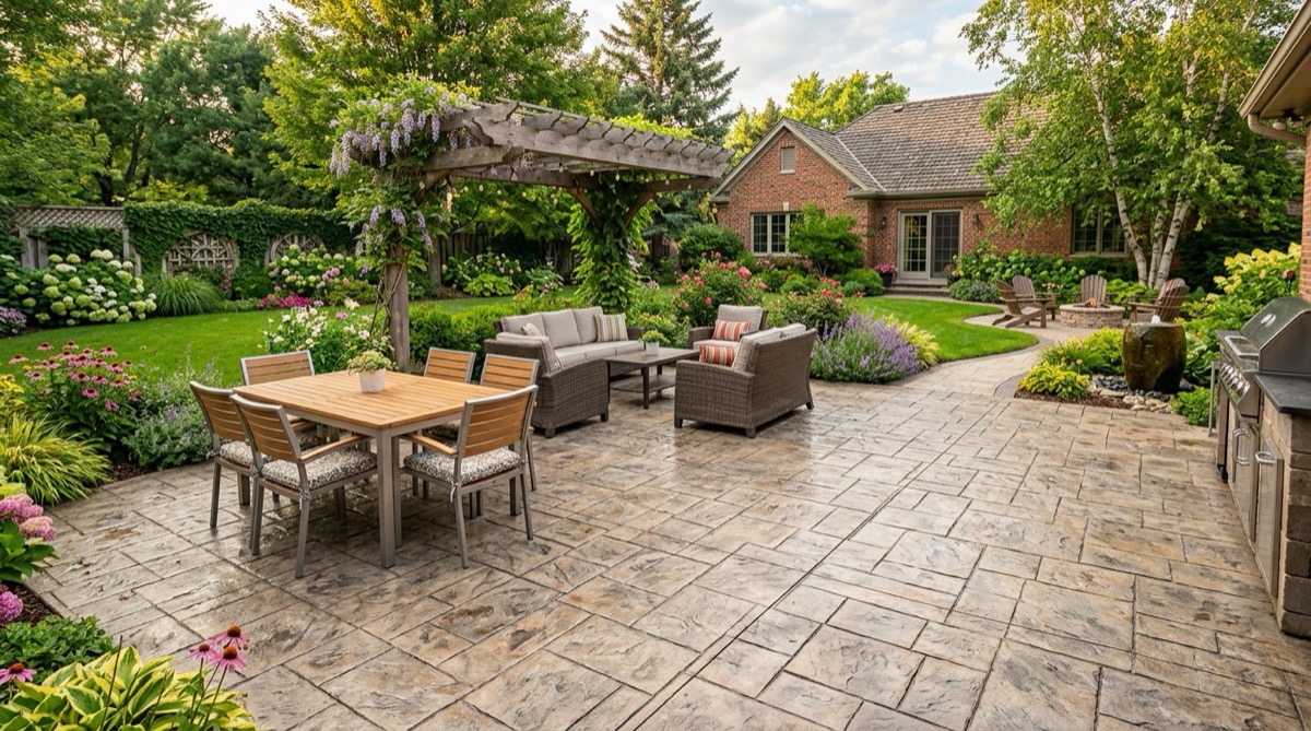 Concrete crew finishing a stamped decorative patio with stone pattern