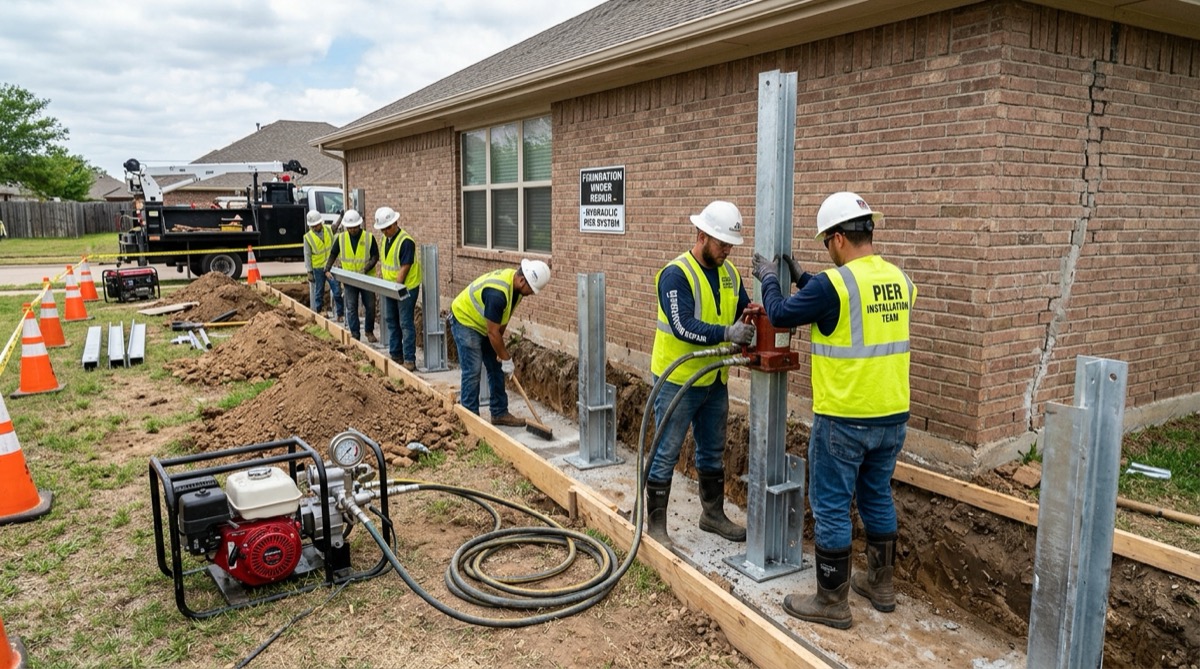 Foundation repair specialist installing steel push piers along a residential foundation wall