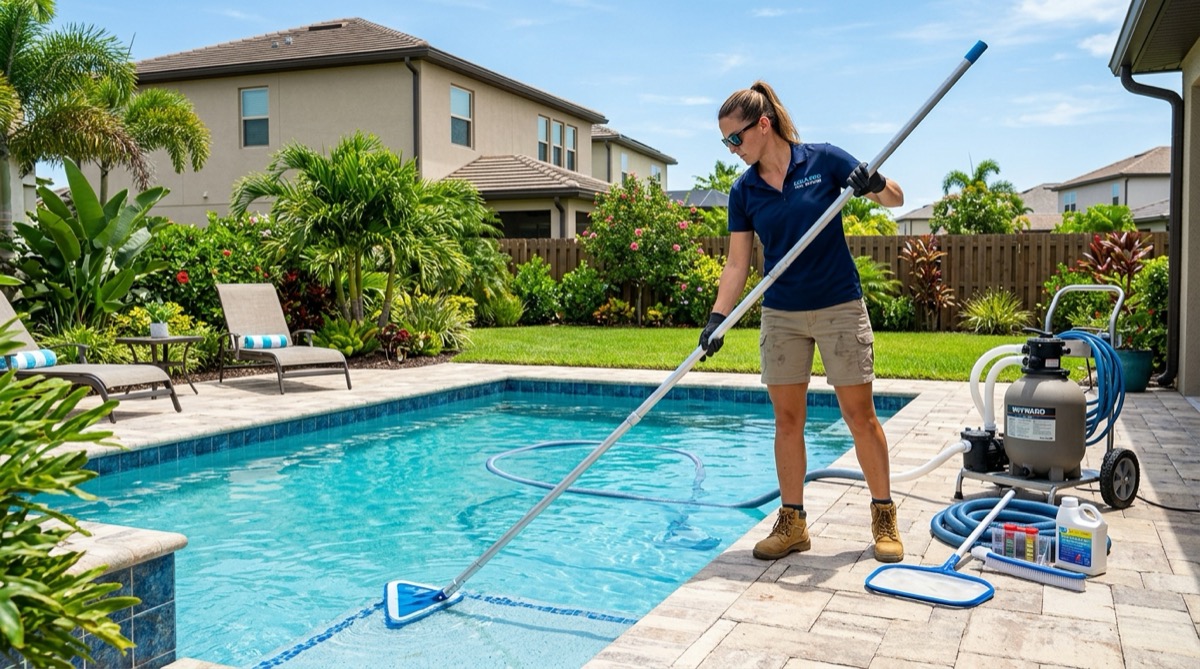 Pool service technician cleaning and maintaining a residential swimming pool
