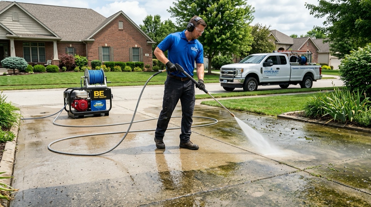 Professional pressure washing technician cleaning a residential concrete driveway