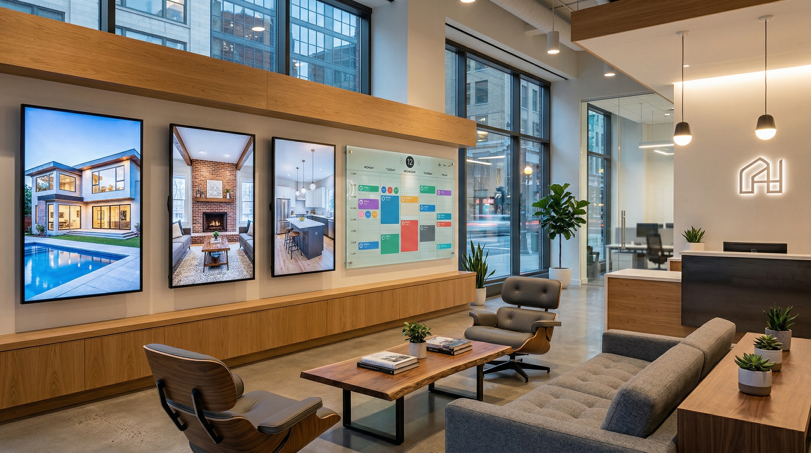 Real estate office with property listings