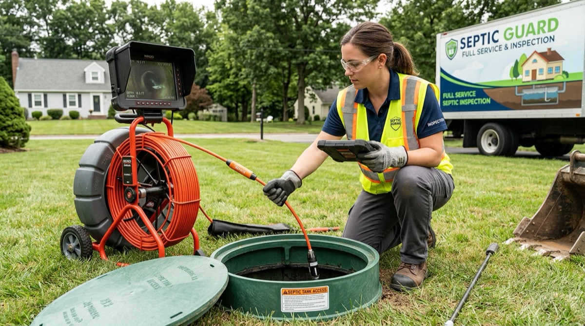 Septic technician inspecting a residential septic system access port