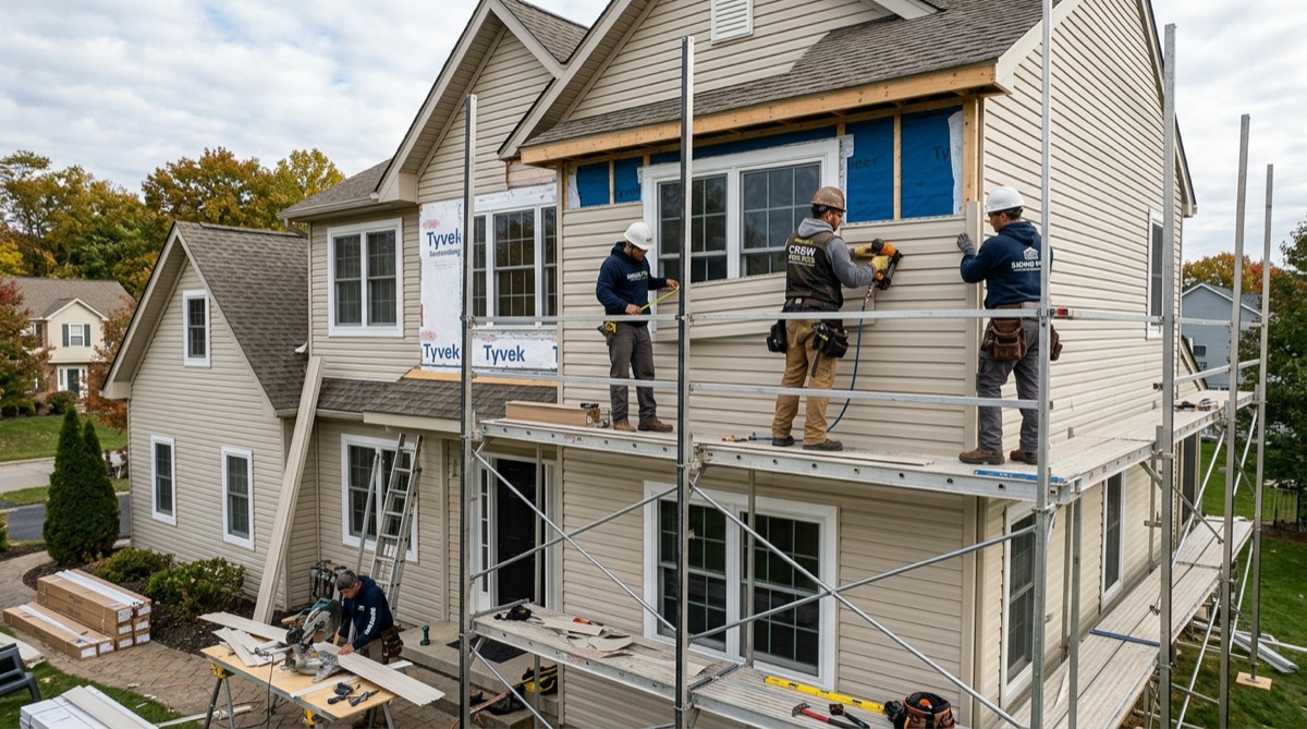 Siding installation crew mounting new vinyl siding panels on a residential home
