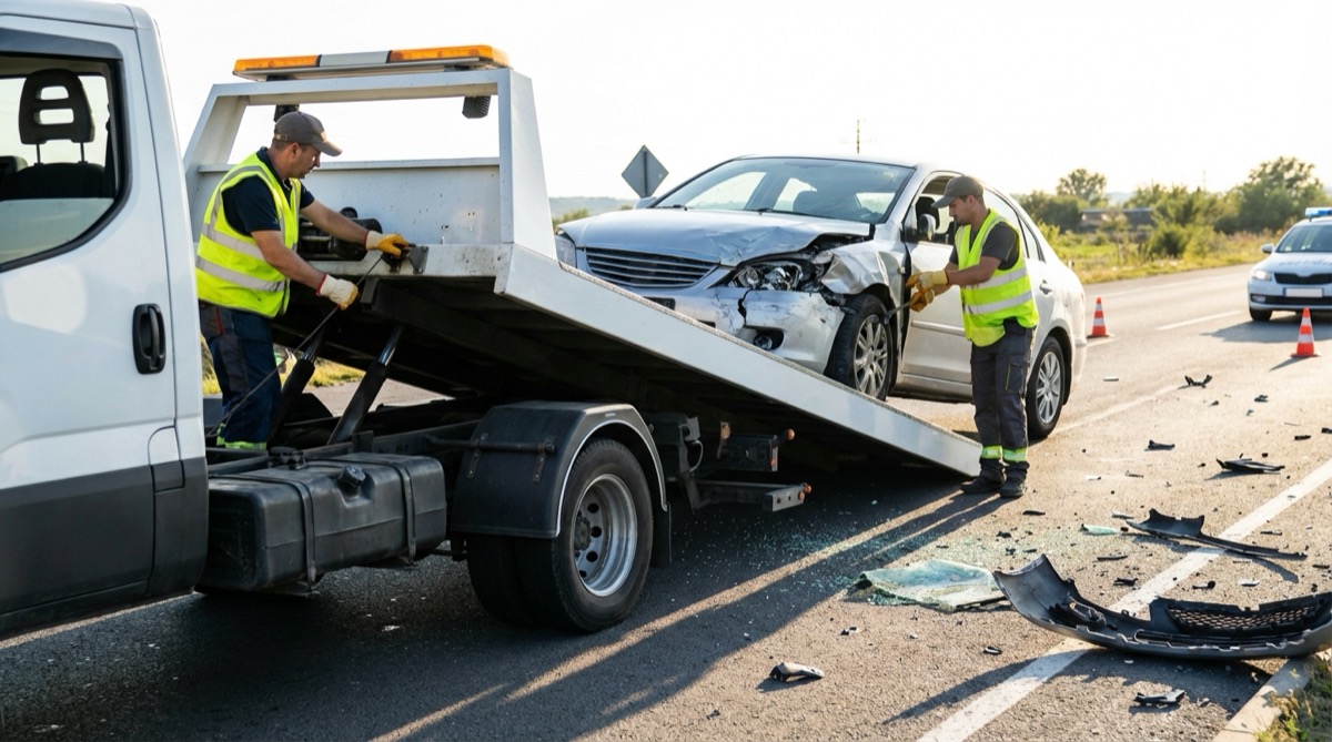 Flatbed tow truck loading disabled vehicle on highway shoulder