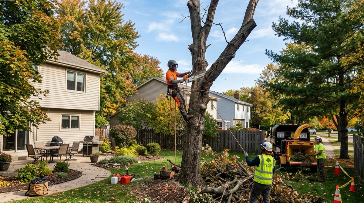 Arborist performing crown reduction trimming on a large residential shade tree