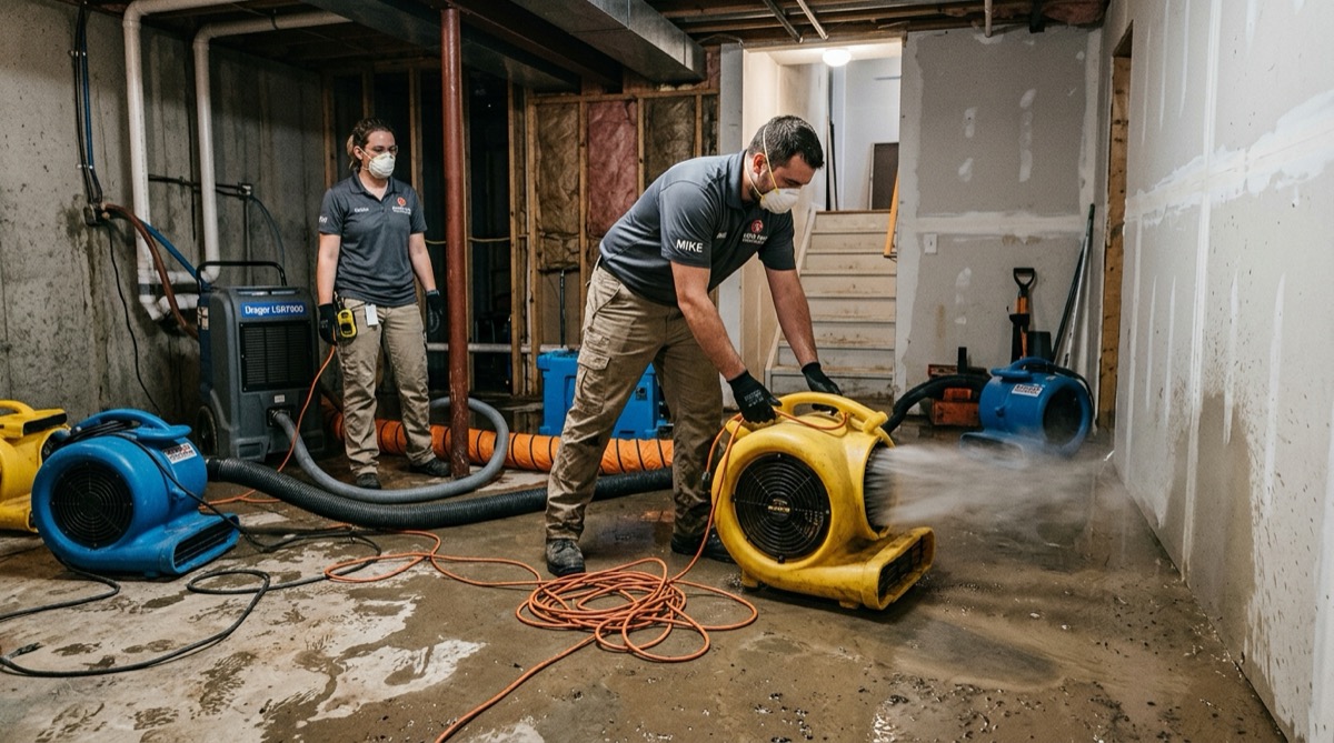Water damage restoration crew extracting standing water from a flooded residential living room