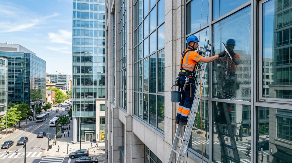Professional window cleaner working on residential home exterior windows